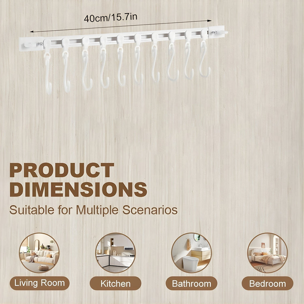 Space-saving wall rack with 10 hooks for multi-purpose hanging