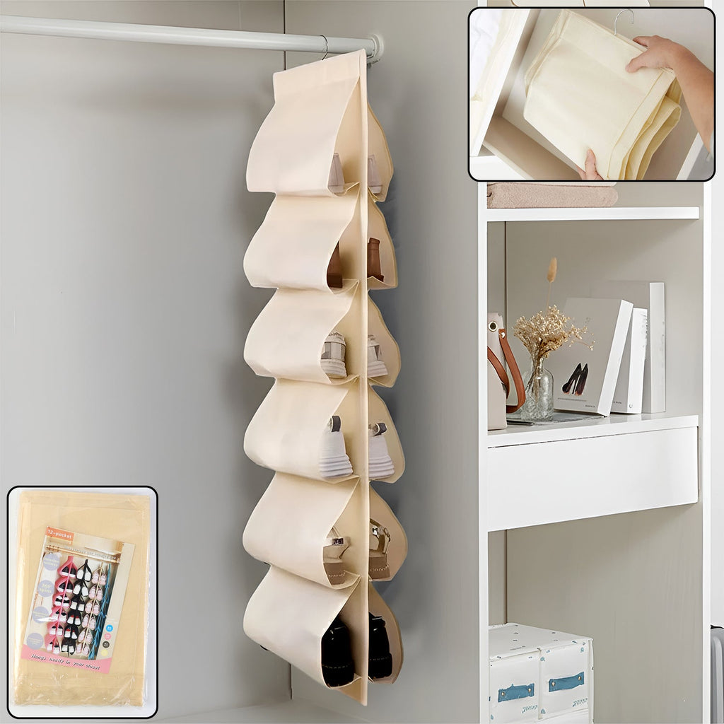 12-pocket hanging shoe organizer bag in bright mixed colors