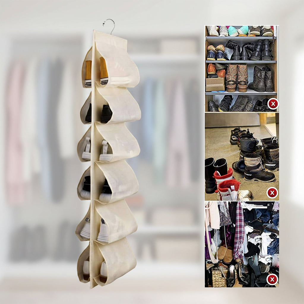 Closet with colorful hanging shoe organizer for efficient shoe storage