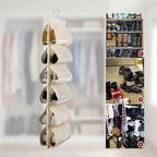 Closet with colorful hanging shoe organizer for efficient shoe storage