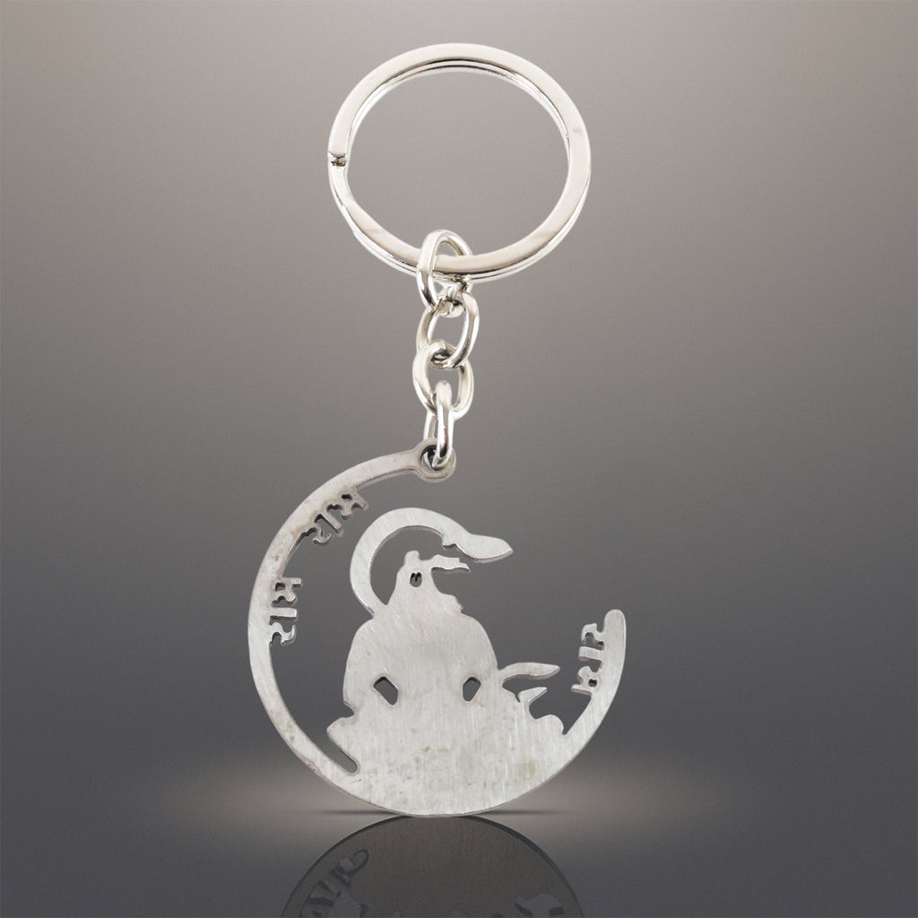 Jai Shri Ram Keychain attached to a set of keys, highlighting its secure ring.