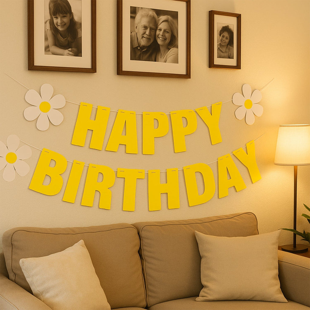 Close-up view of floral design on vibrant Happy Birthday banner