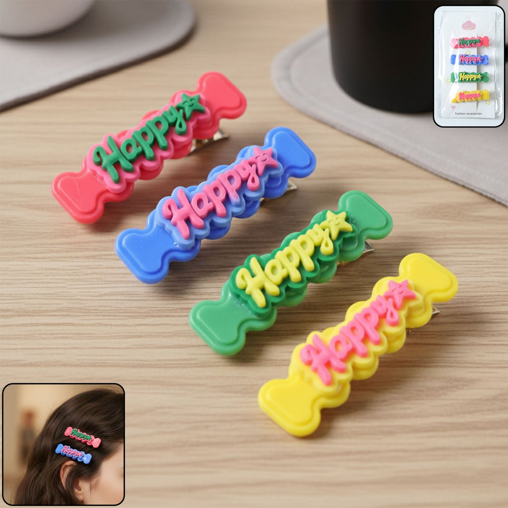 Set of 4 happy bone-shaped snap hair clips featuring vibrant colors and playful design
