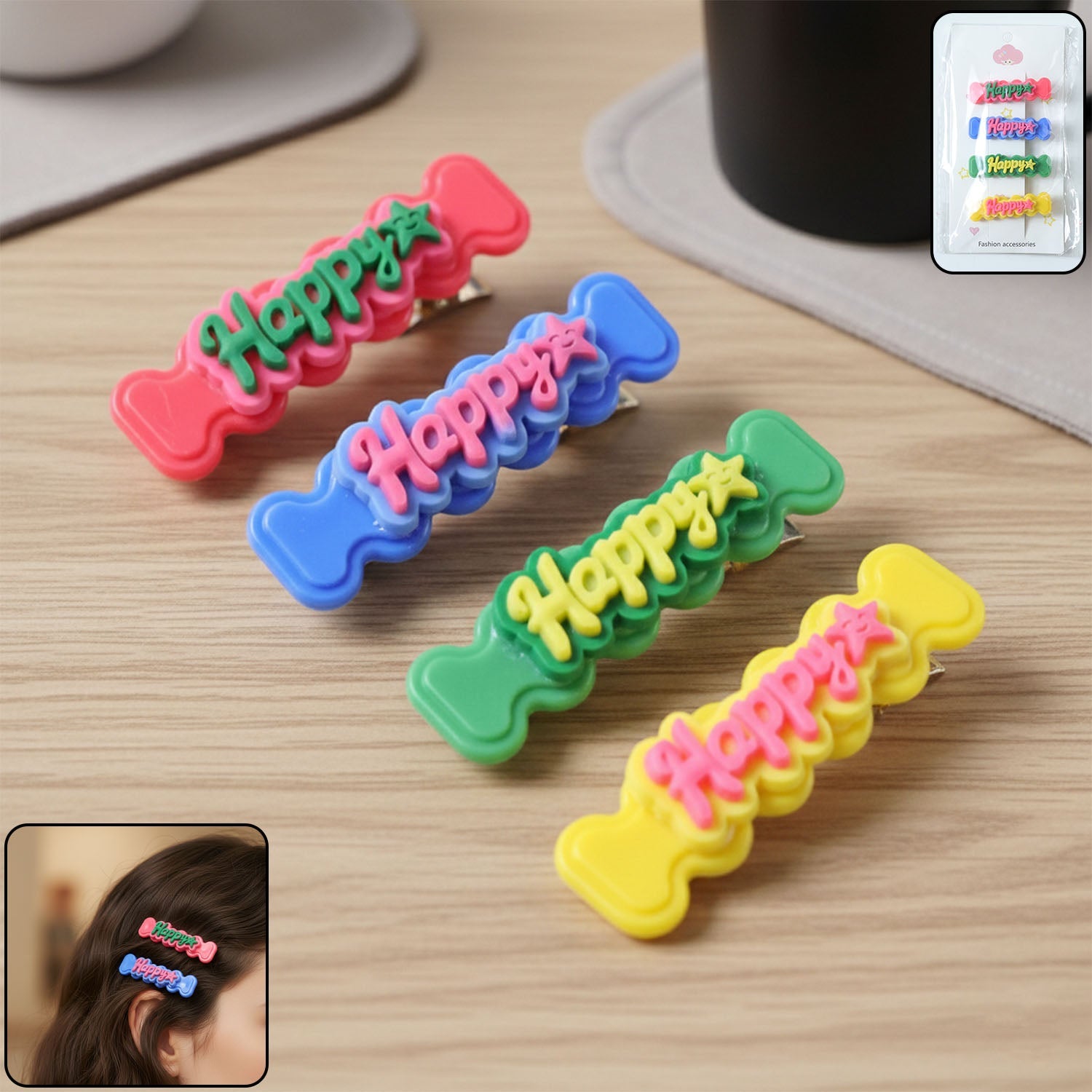 Set of 4 happy bone-shaped snap hair clips featuring vibrant colors and playful design