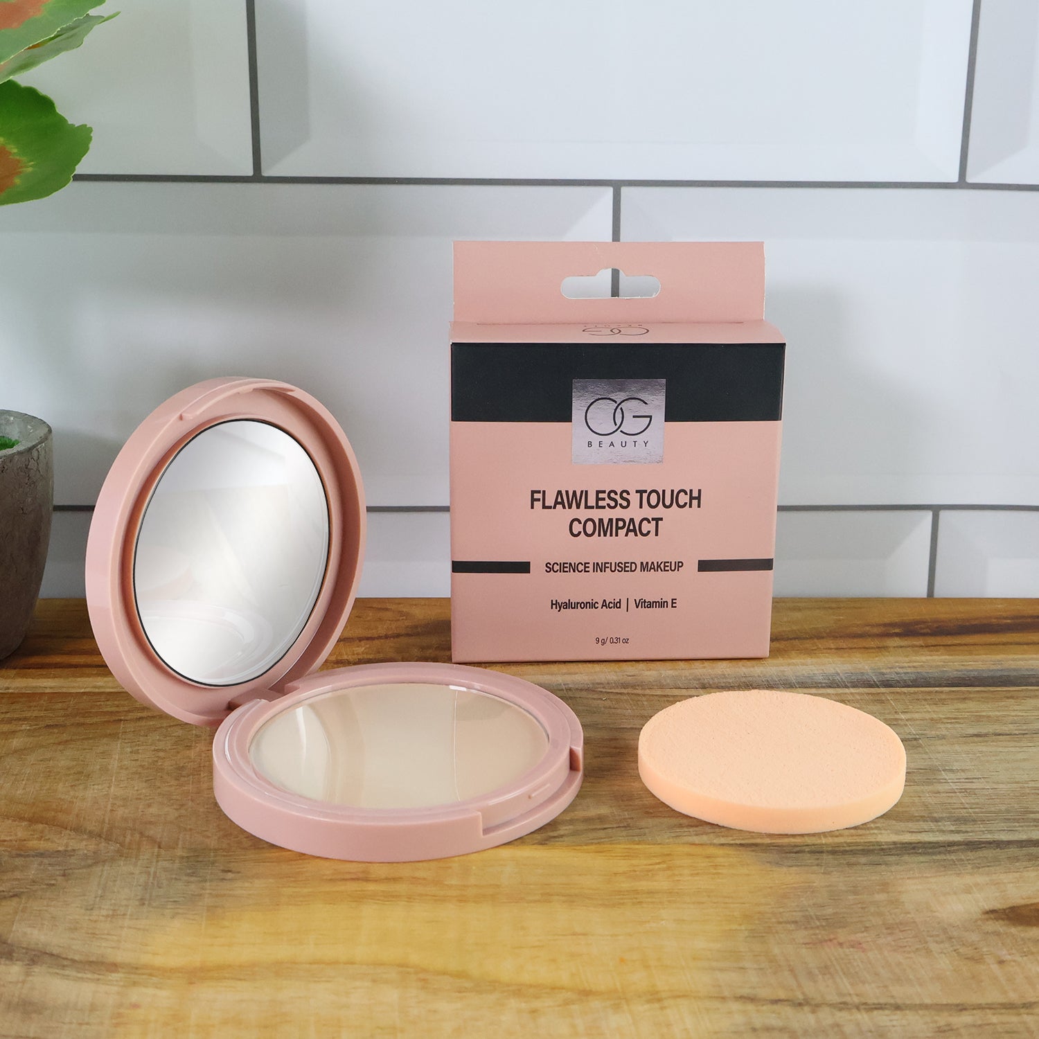 Angular side view of Hazelnut Compact Powder compact