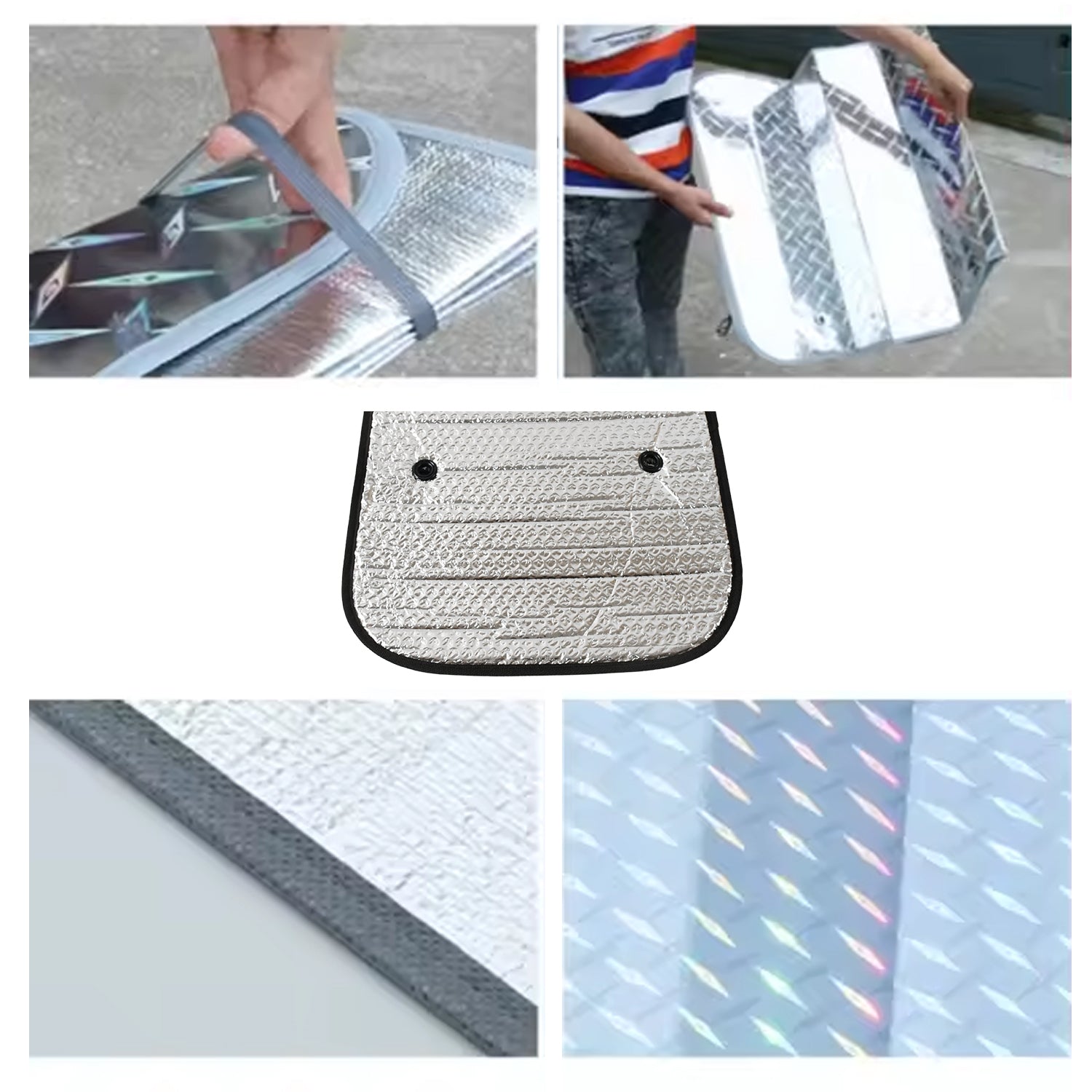 The durable aluminum foil material of the Car Windshield Sun Shade, rolled up.