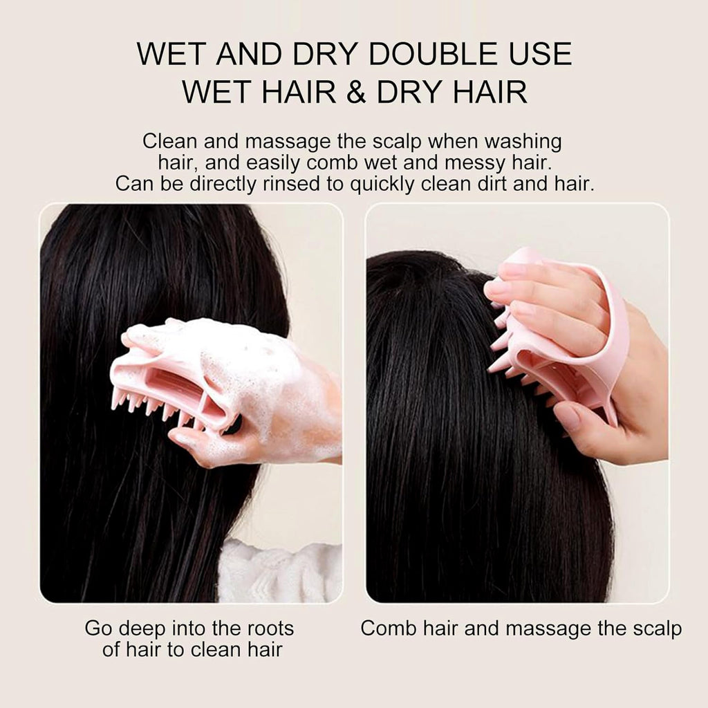 Ergonomic scalp brush shampoo applicator with soft silicone bristles
