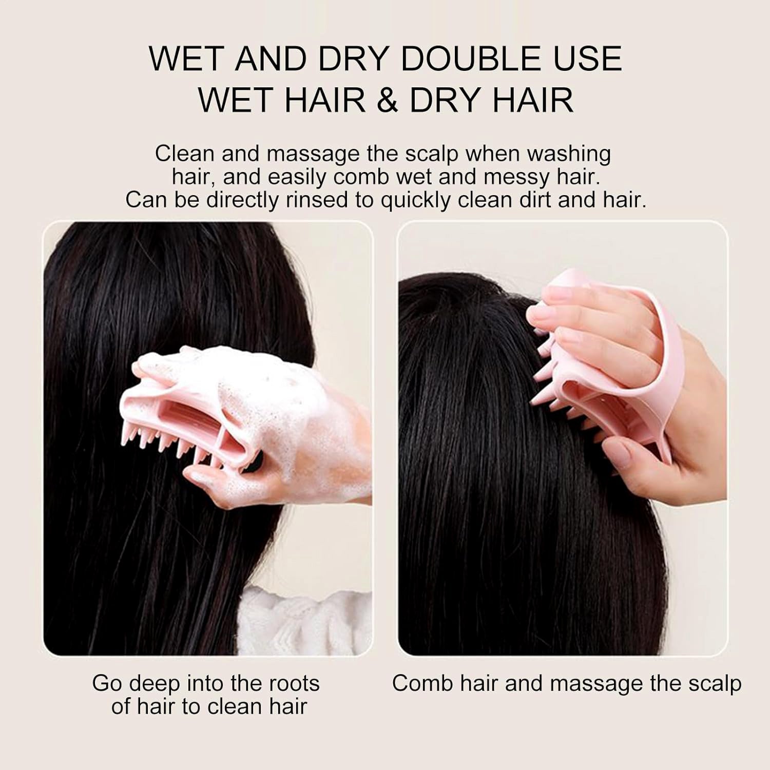 Ergonomic scalp brush shampoo applicator with soft silicone bristles