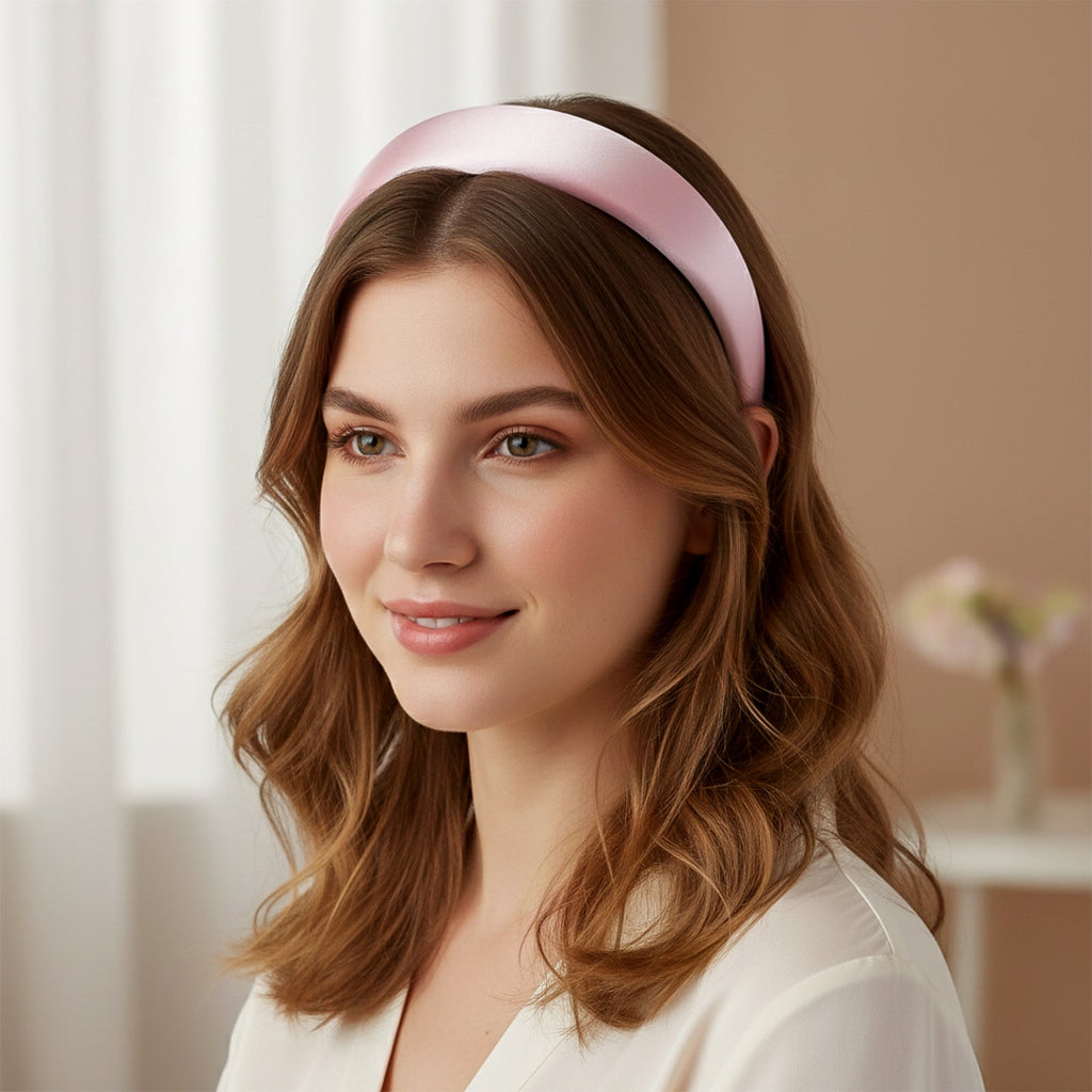 Padded satin hairband from different angles highlighting its satin finish