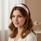 Padded satin hairband from different angles highlighting its satin finish