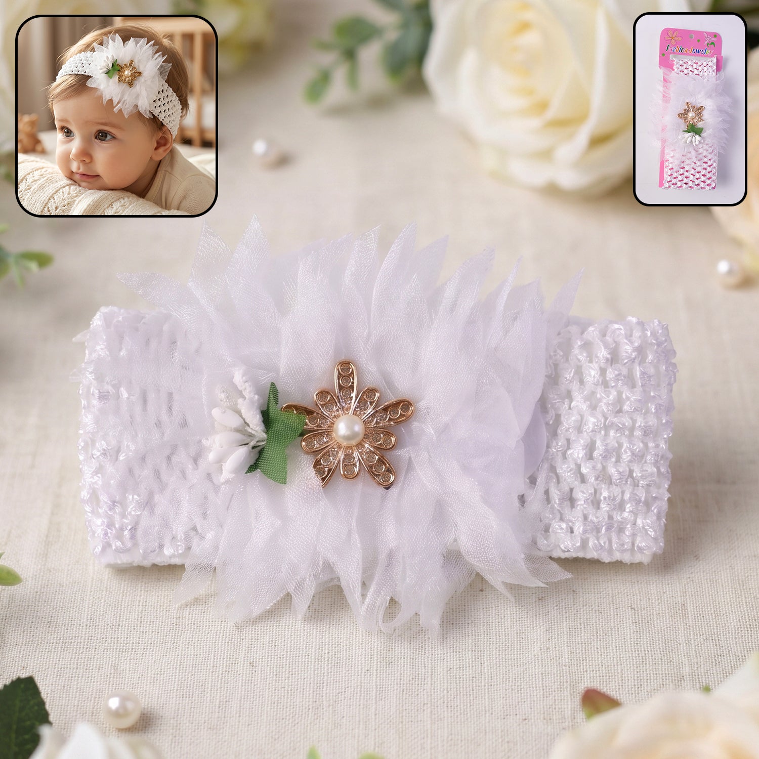 Baby girl headband with floral bow design, soft elastic for comfort