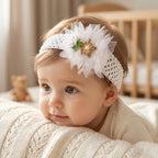 Close-up of soft elastic baby headband with floral motif for girls