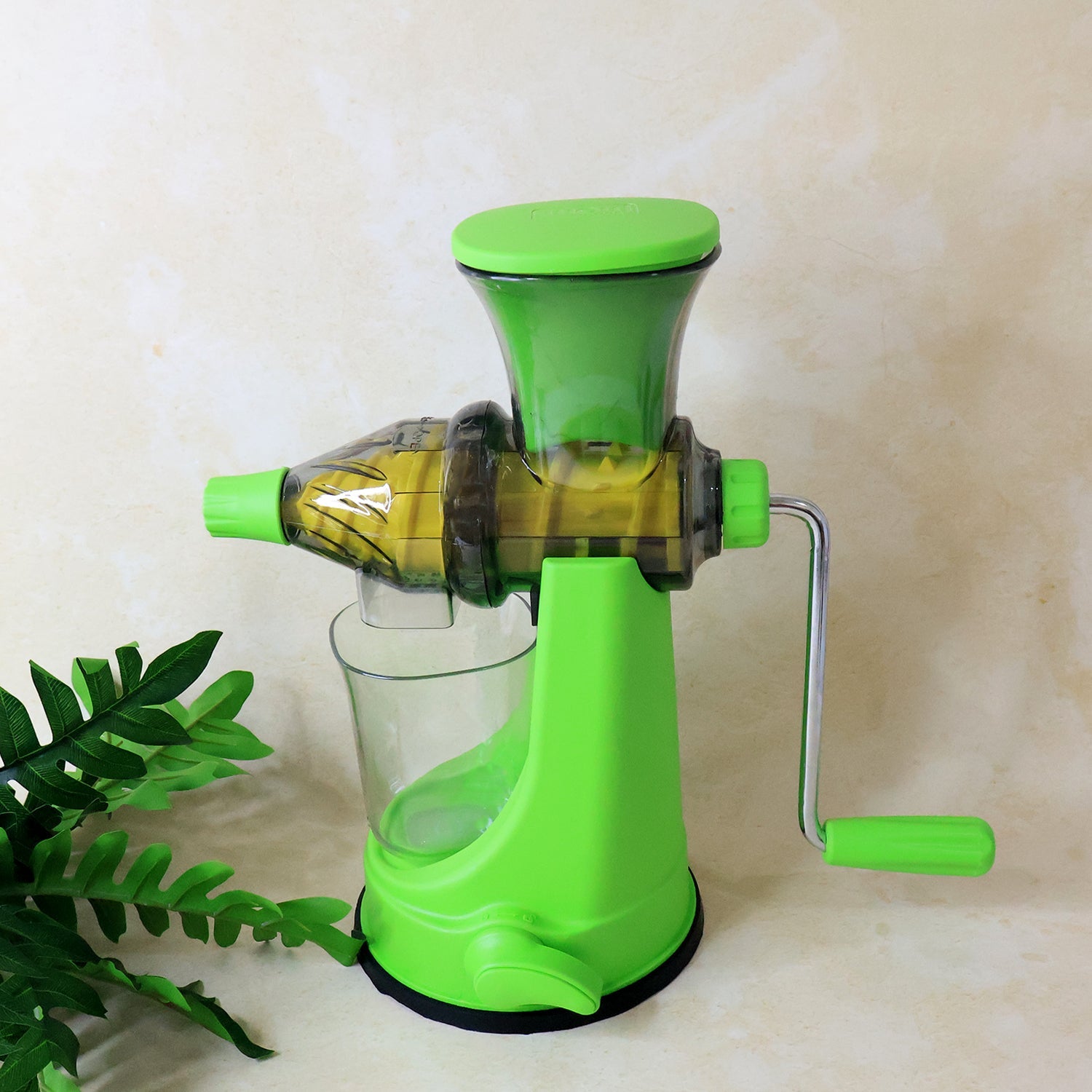 Close-up details of juicer hand crank and suction base