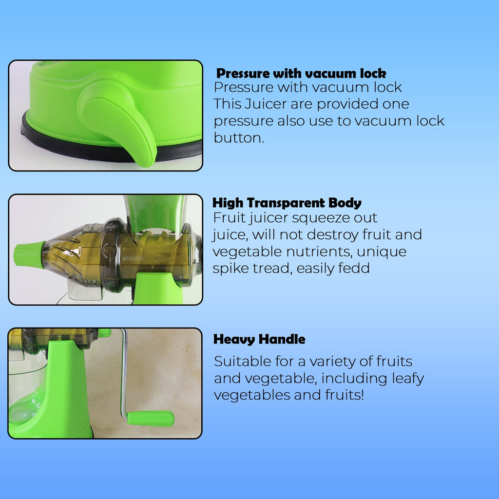 Close-up showing features of manual fruit and vegetable juicer