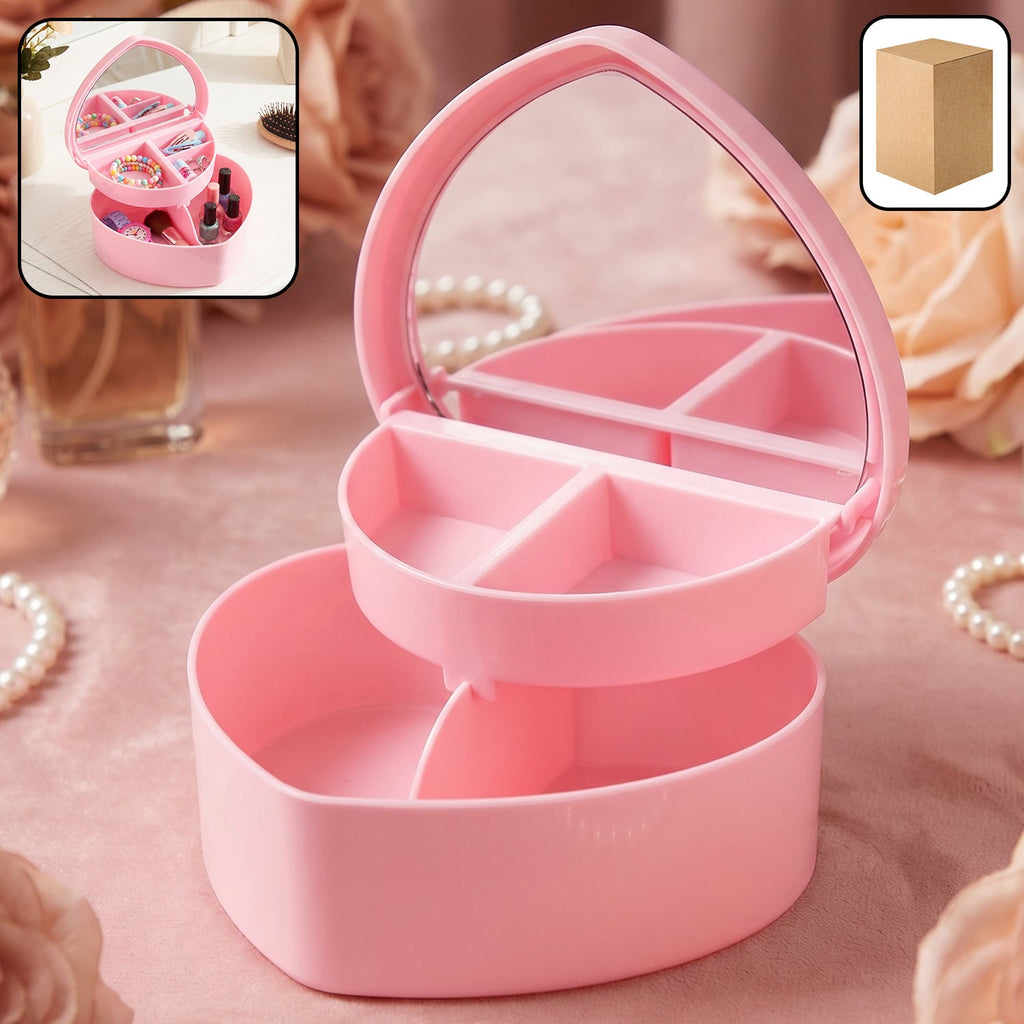 Heart-shaped makeup and jewelry organizer box with built-in mirror