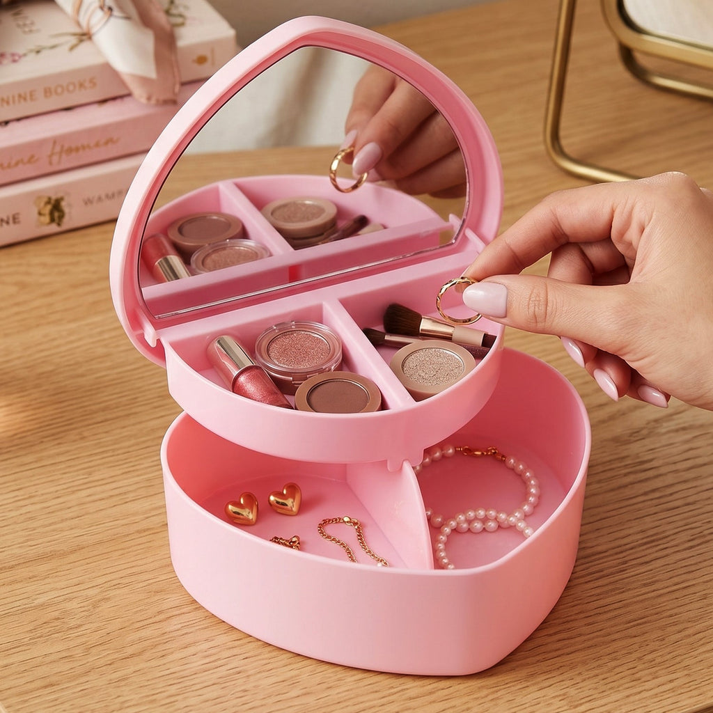 Compact makeup storage box with tray and mirror
