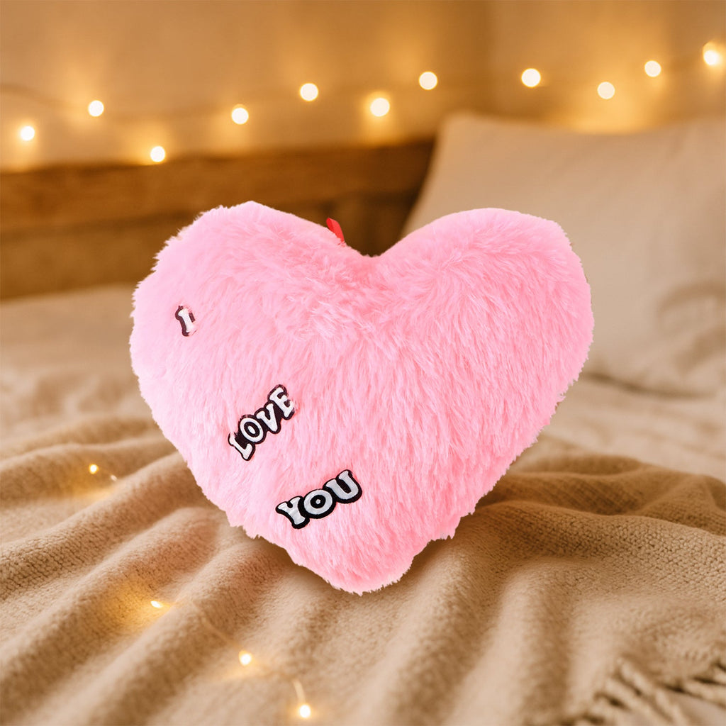 Close-up of soft plush heart shape cushion with love embroidery