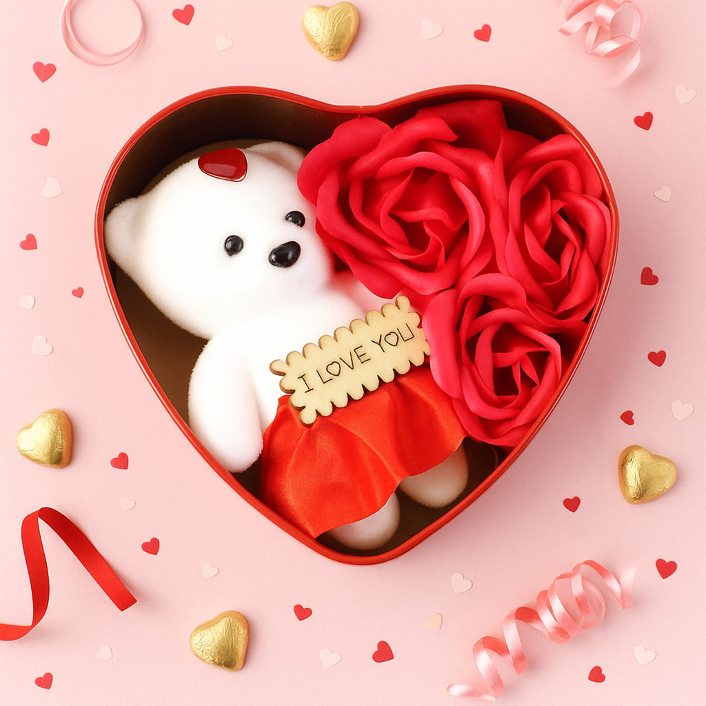 Open heart shaped gift box showcasing teddy bear and rose decoration