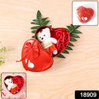 Heart shaped gift box with teddy bear and roses displaying SKU tag