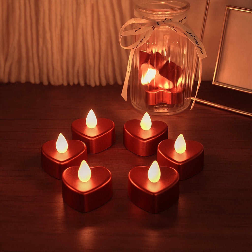 Close-up of heart shape LED flameless decorative candles showing design
