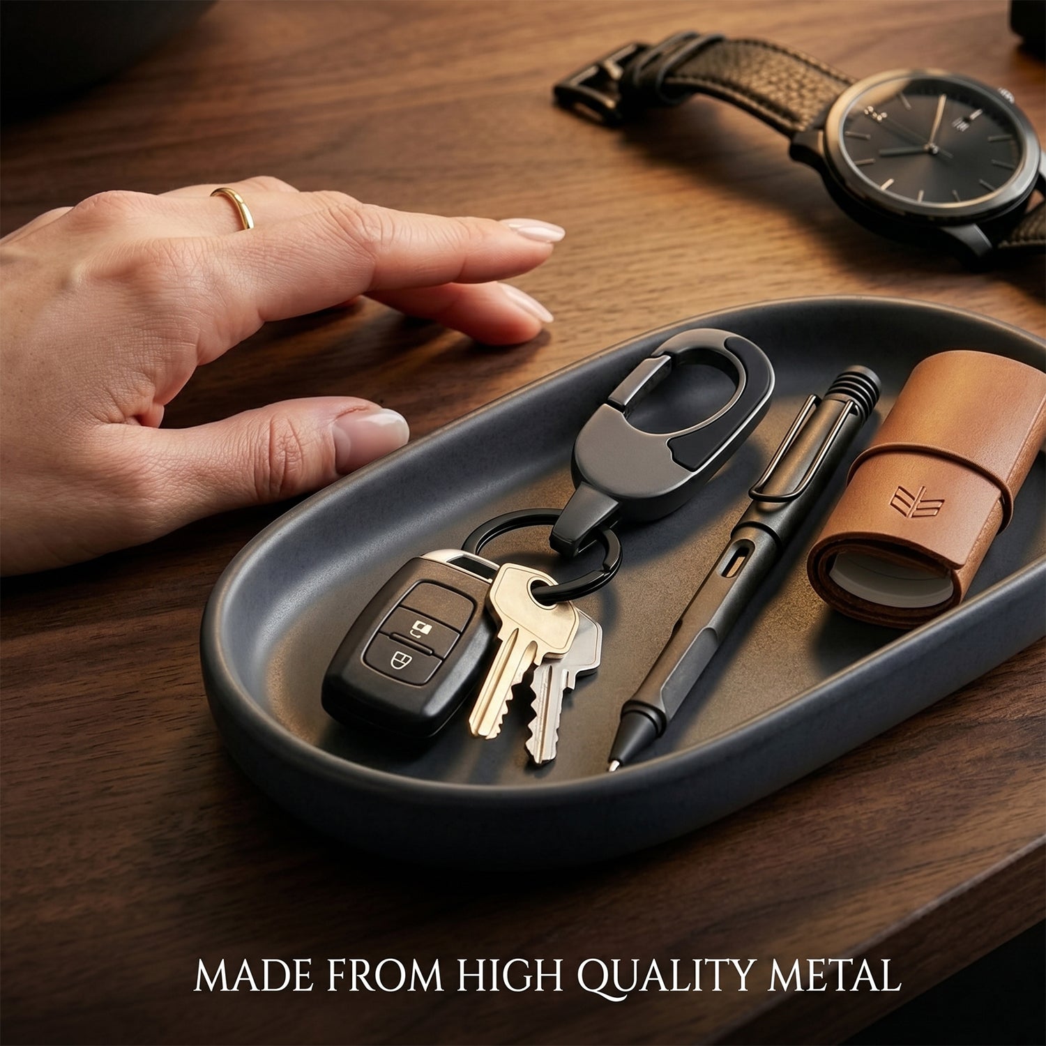 Portable lightweight metal keychain with sleek modern design.