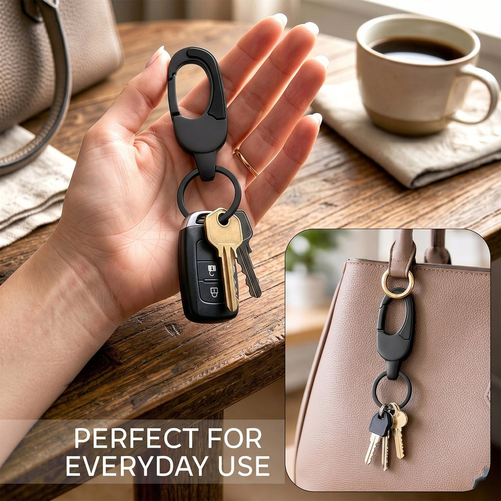 Multi-angle view of compact metal keychain with carabiner.