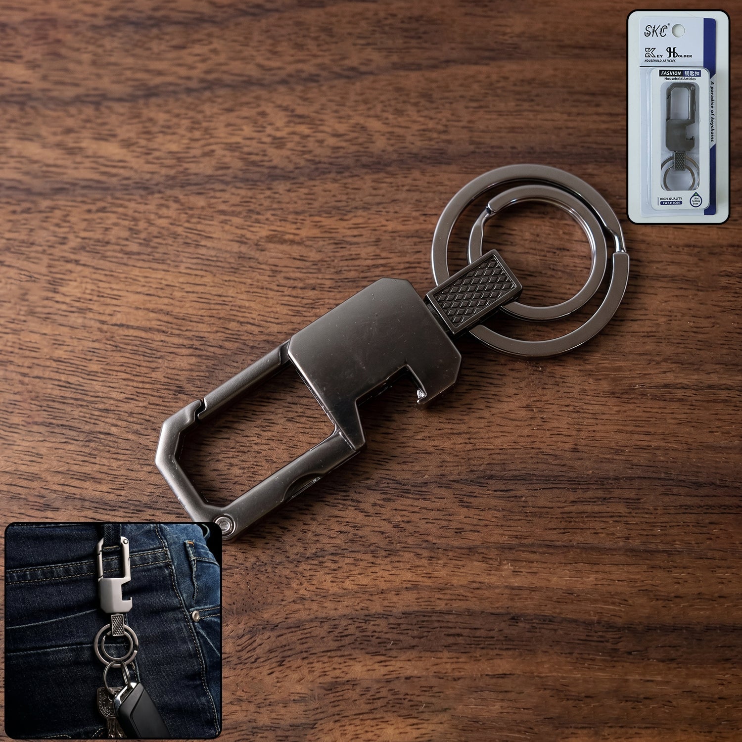Heavy duty metal key holder with carabiner clip and rotating mechanism