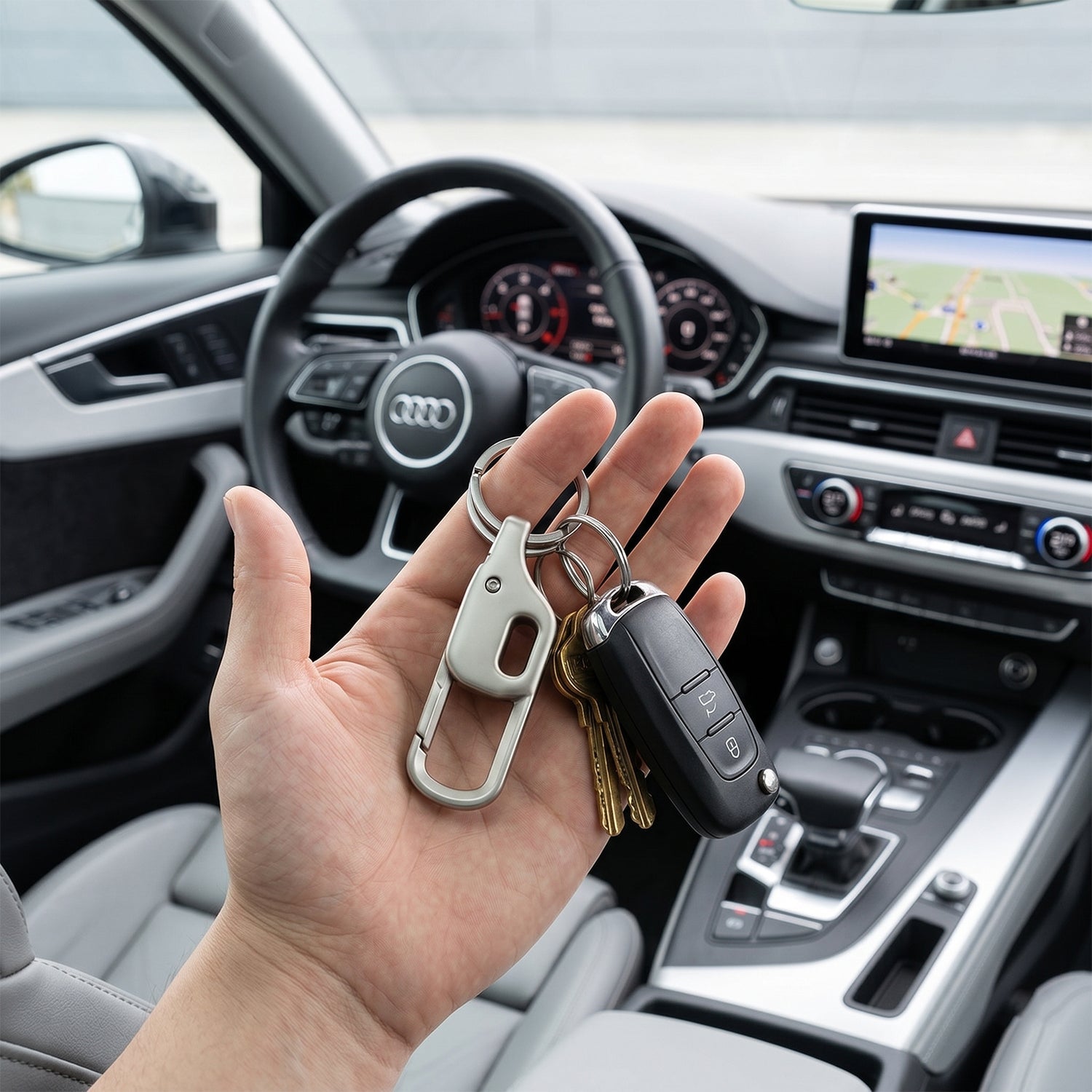 Close-up of sturdy carabiner clip on metal keychain