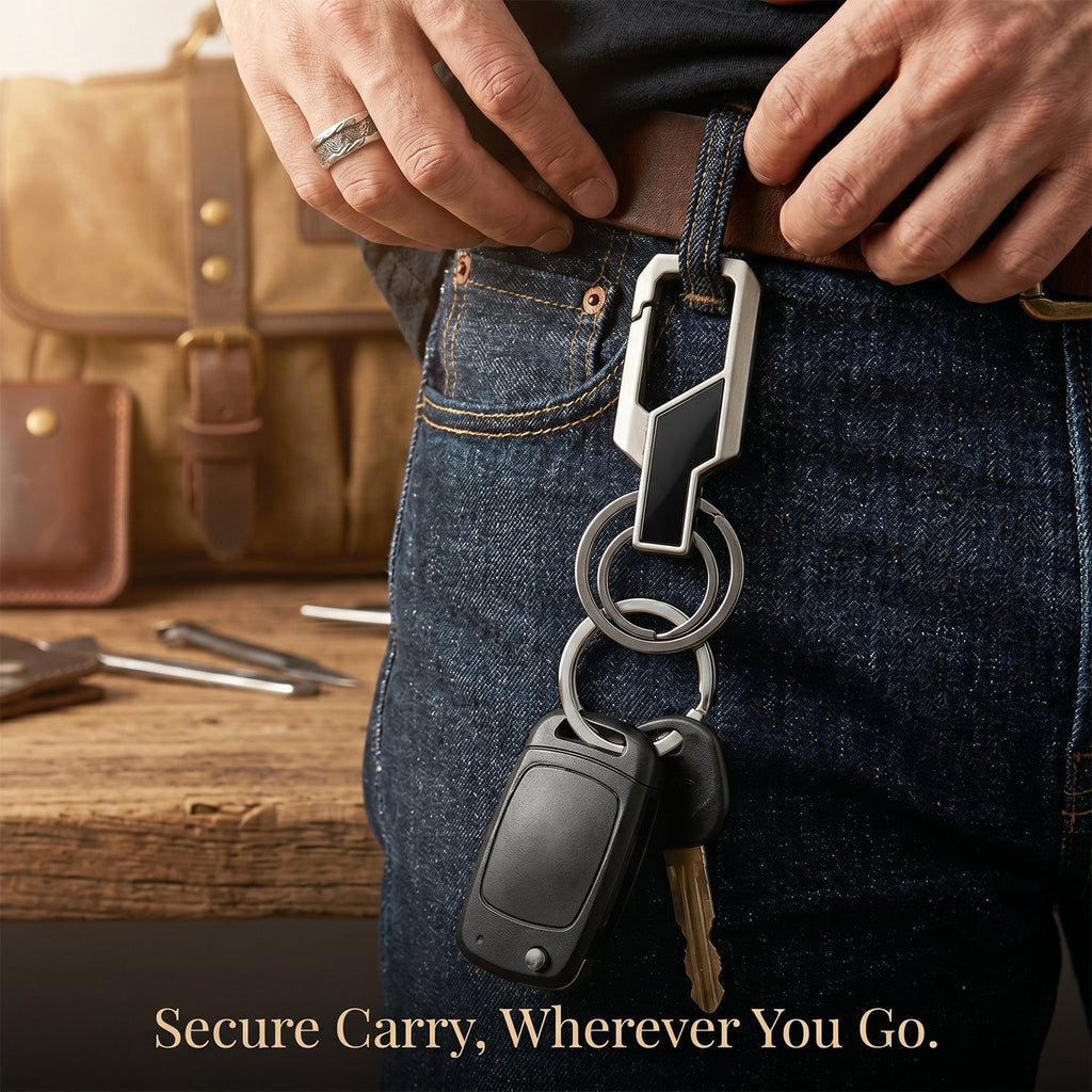Stainless steel key holder attached to belt for daily key organization