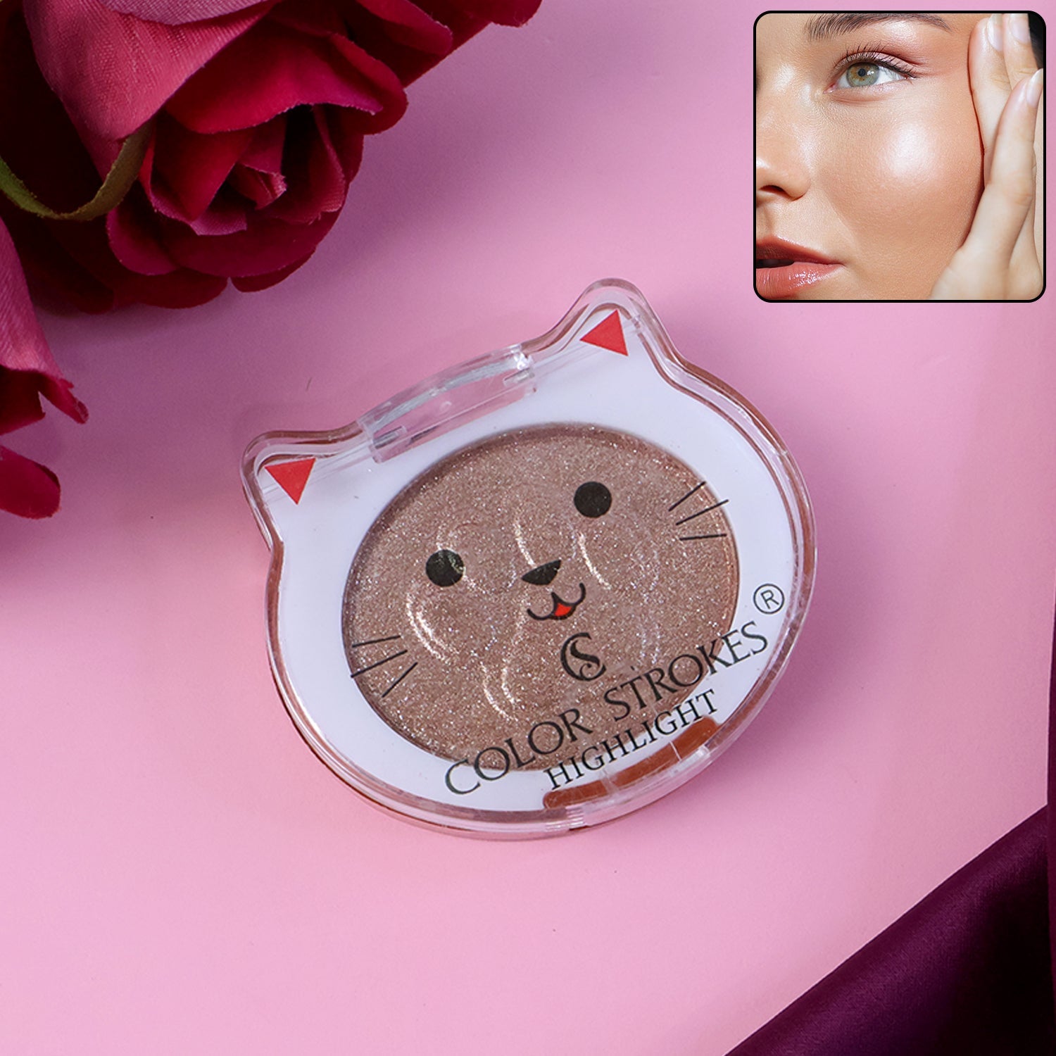Ultra-glowing shimmer highlighter in a cat-themed compact