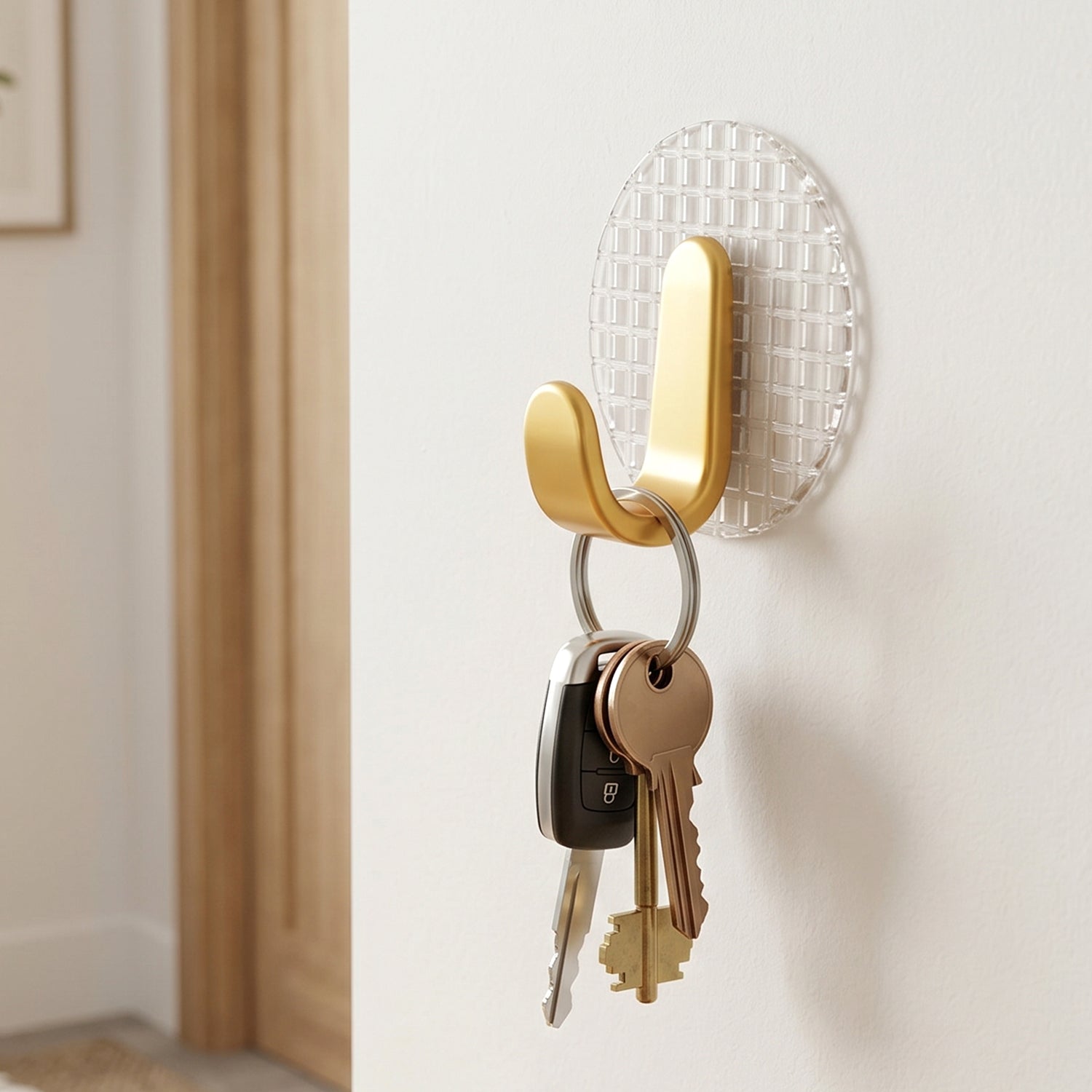 Wall hook hanging keys, towels, and utensils, showcasing multi-purpose use