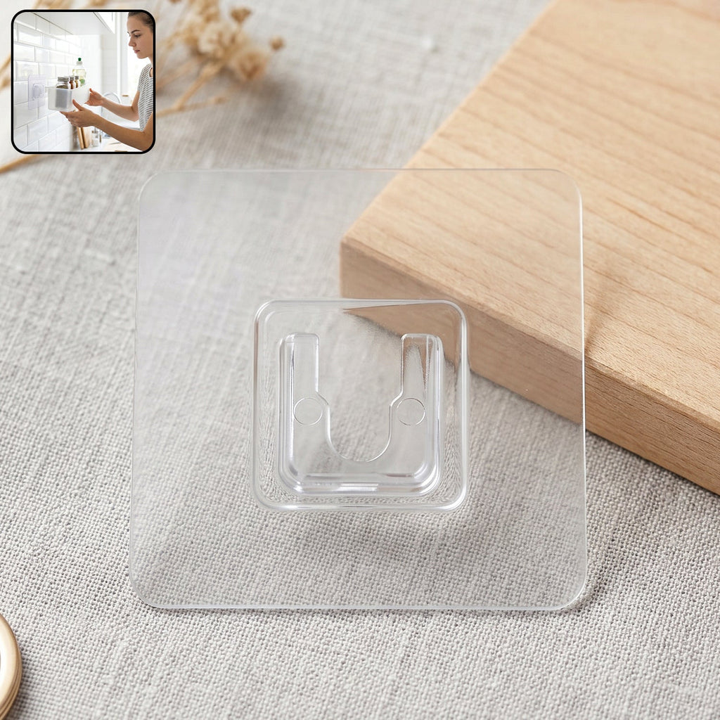 Self-adhesive transparent wall hook on a white background.