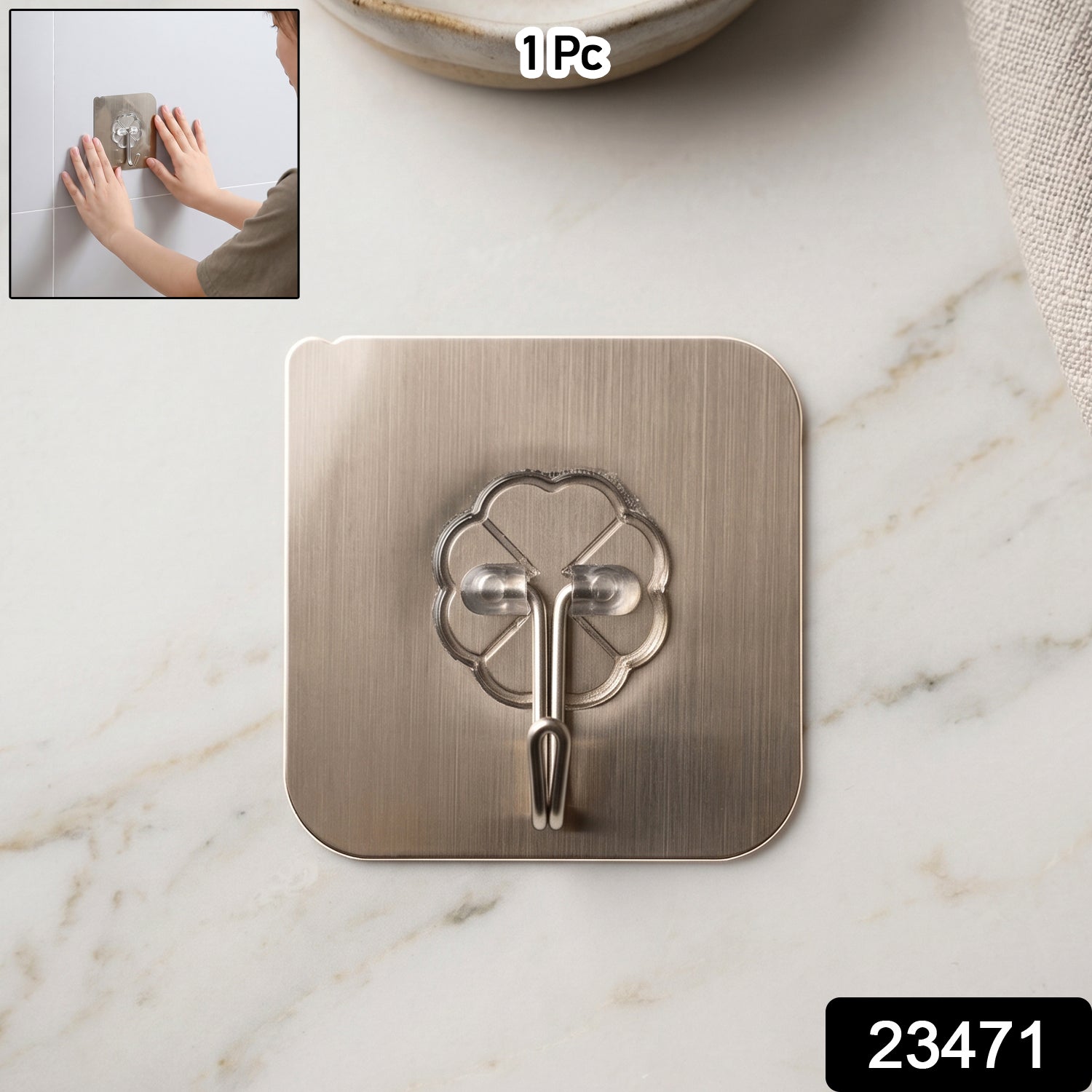Self-adhesive metal floral wall hook attached securely on smooth surface