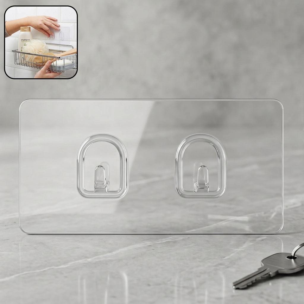 Transparent self-adhesive double wall hook on smooth surface