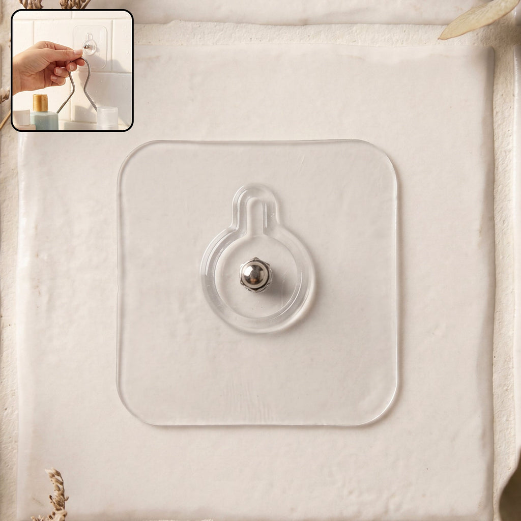 Self-adhesive transparent wall hook with metal stud design