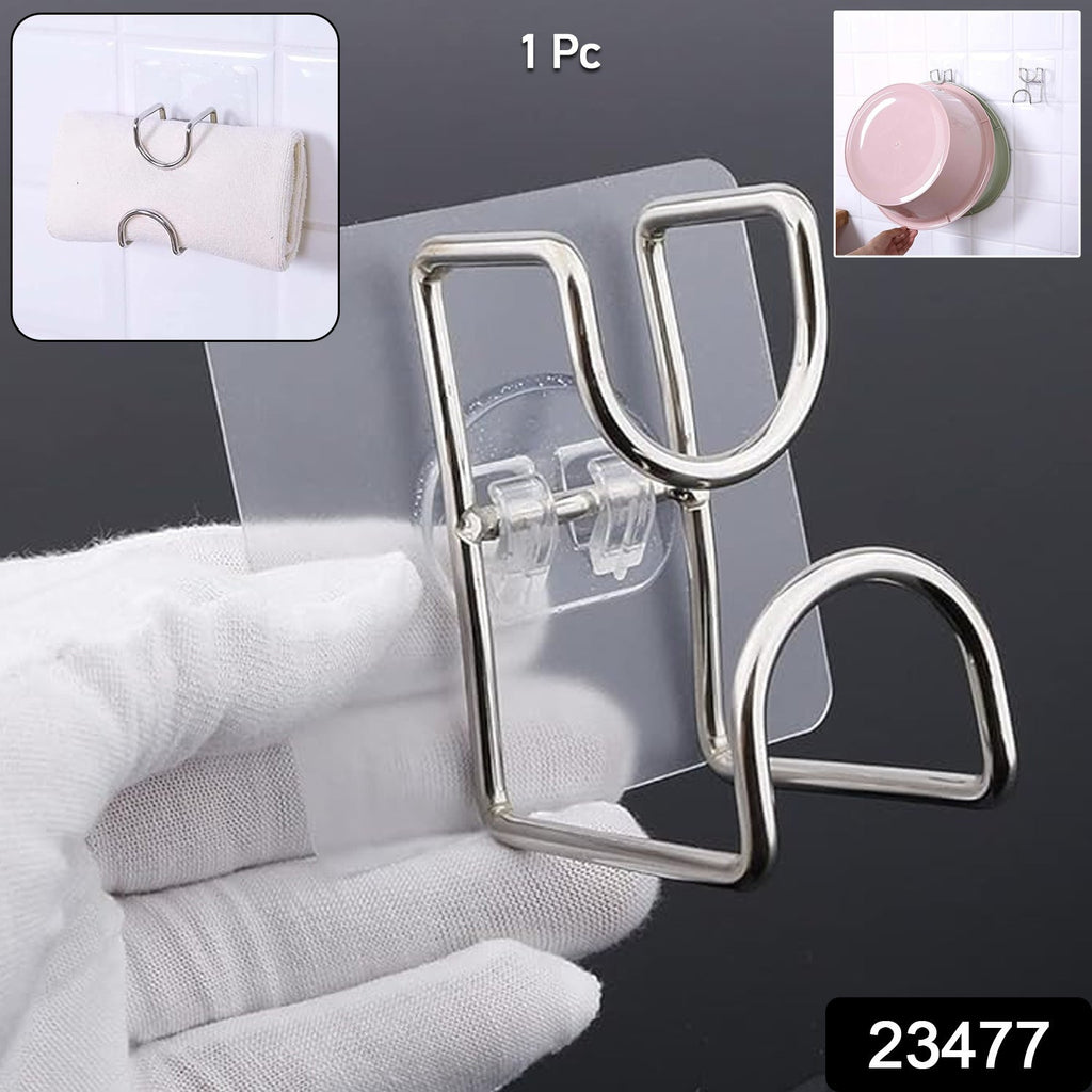 No drill double hook wall adhesive holder shown on bathroom wall