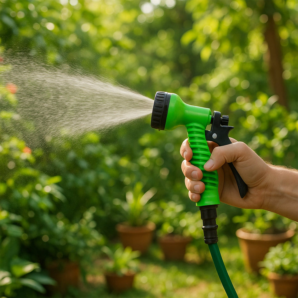 Side view of handheld garden hose spray nozzle for watering and cleaning