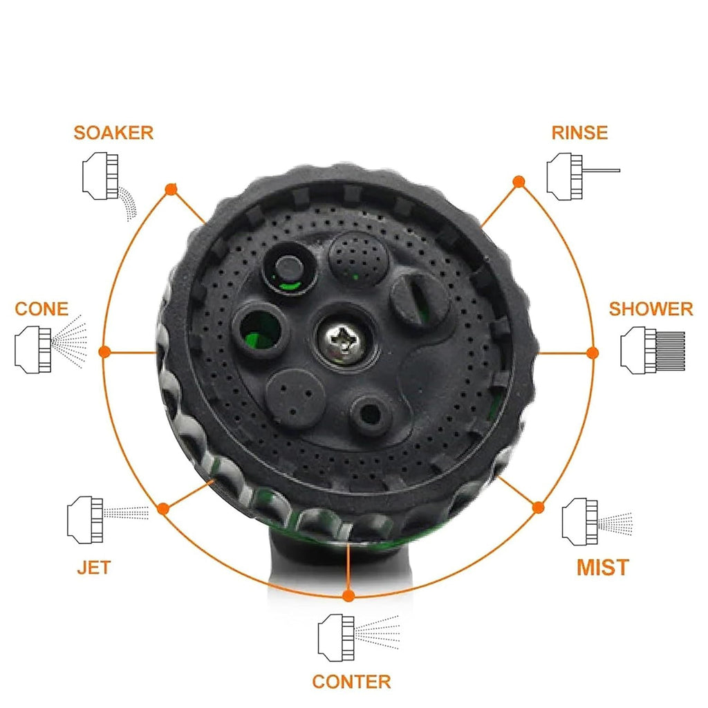Dial showcasing multiple spray settings on garden hose spray nozzle