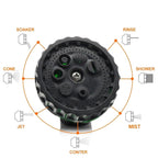 Dial showcasing multiple spray settings on garden hose spray nozzle