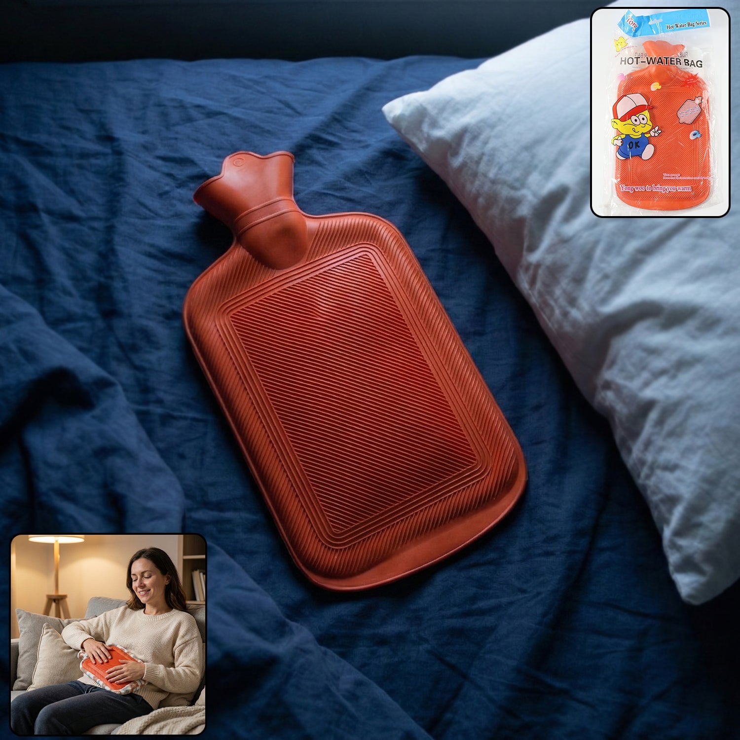 Durable red rubber hot water bag for pain relief with leak-proof design