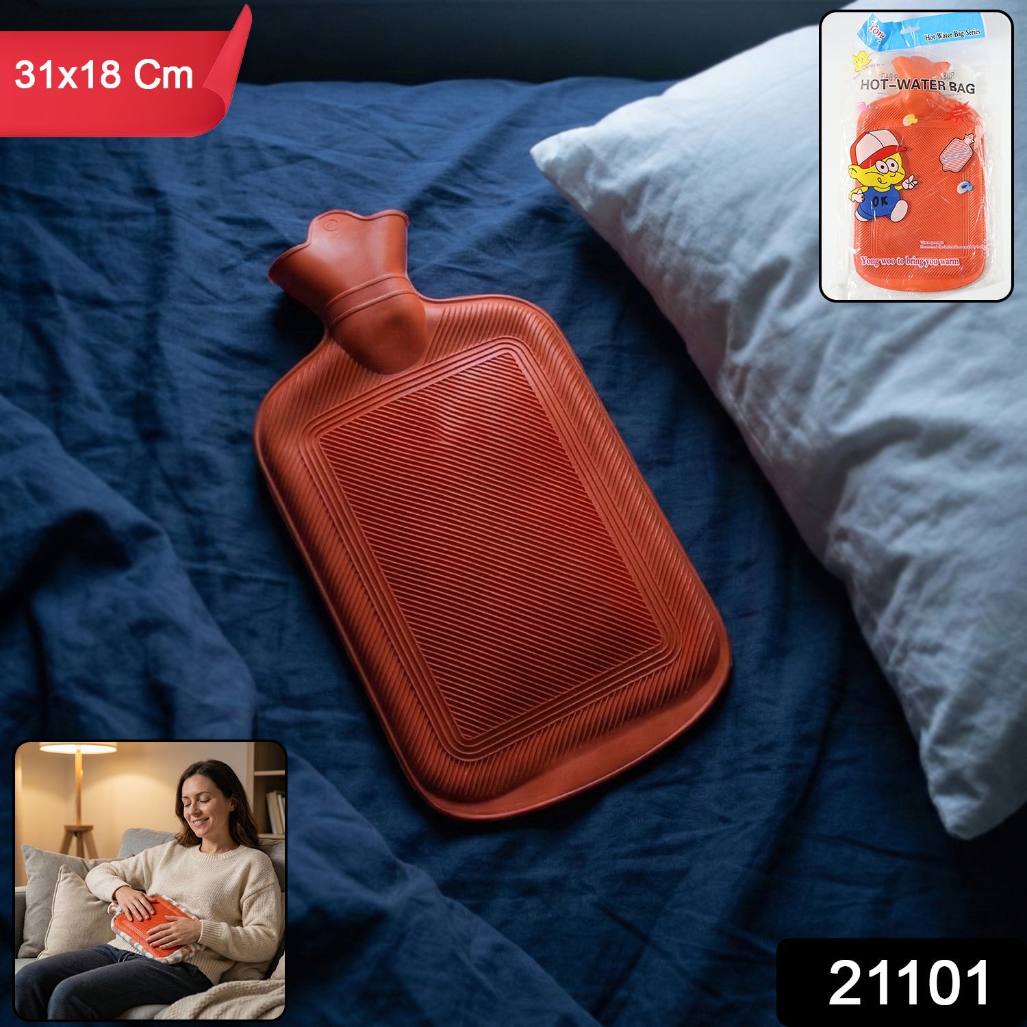 Classic hot water bag for cramps and muscle soreness in red rubber