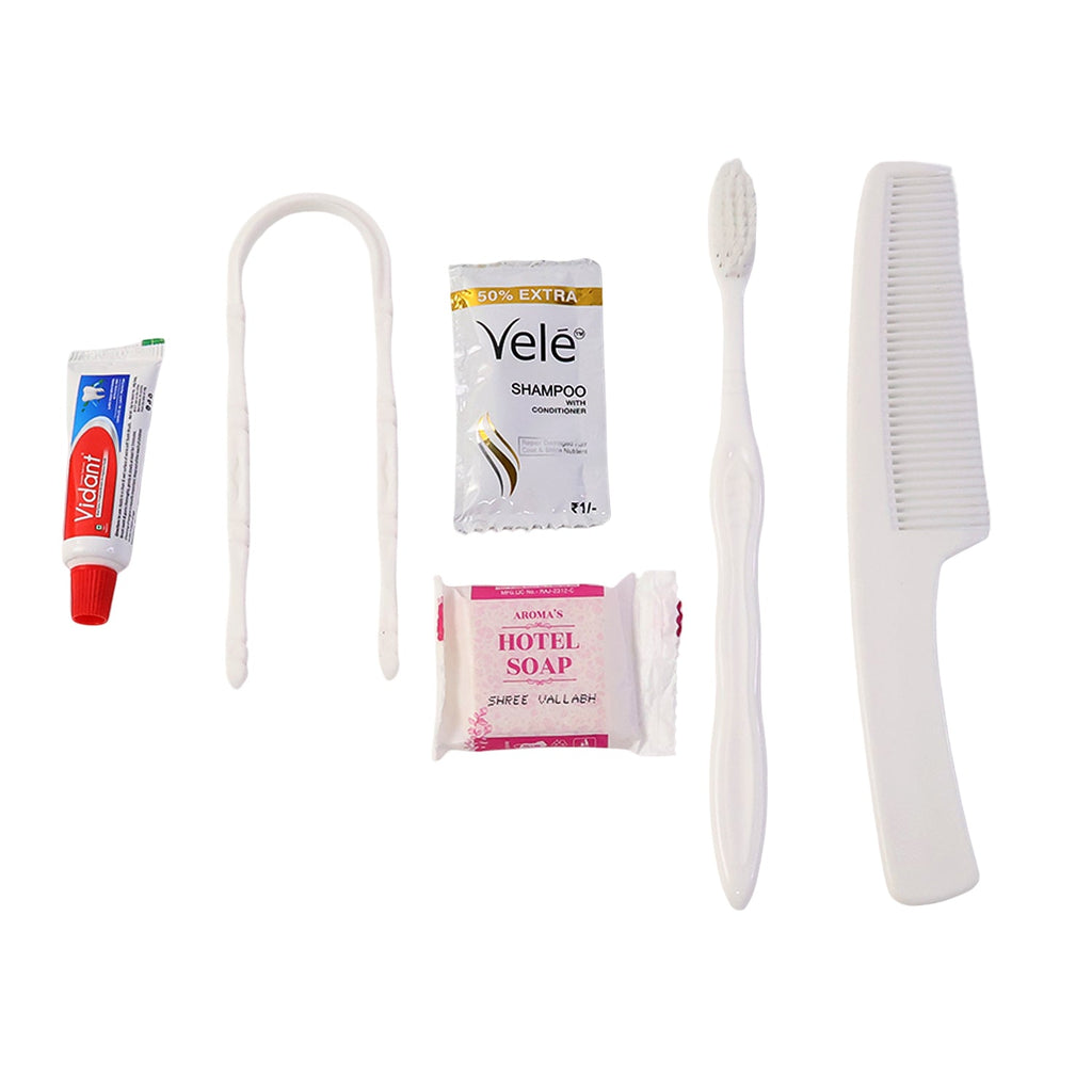 Personal care kit items including comb and toothpaste