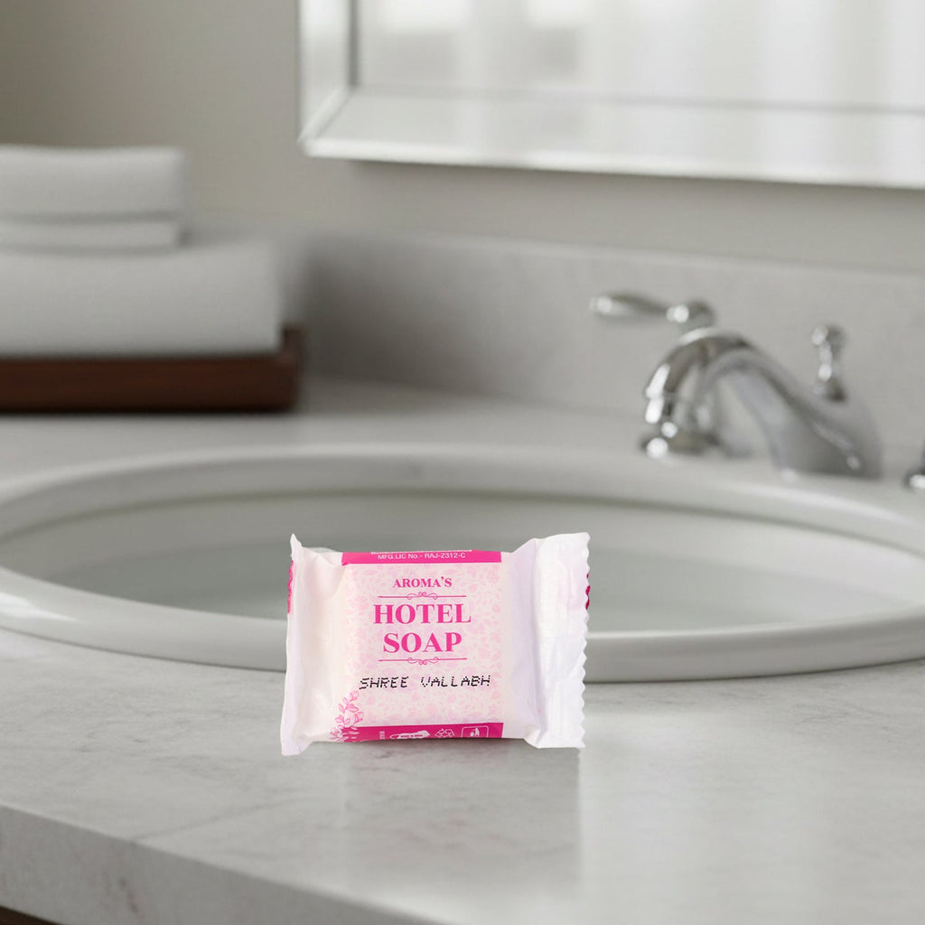Close-up image showing shampoo sachet and bath soap in the toiletry kit