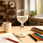 Dual flat-base glass hourglass timer positioned vertically as desk decorative piece