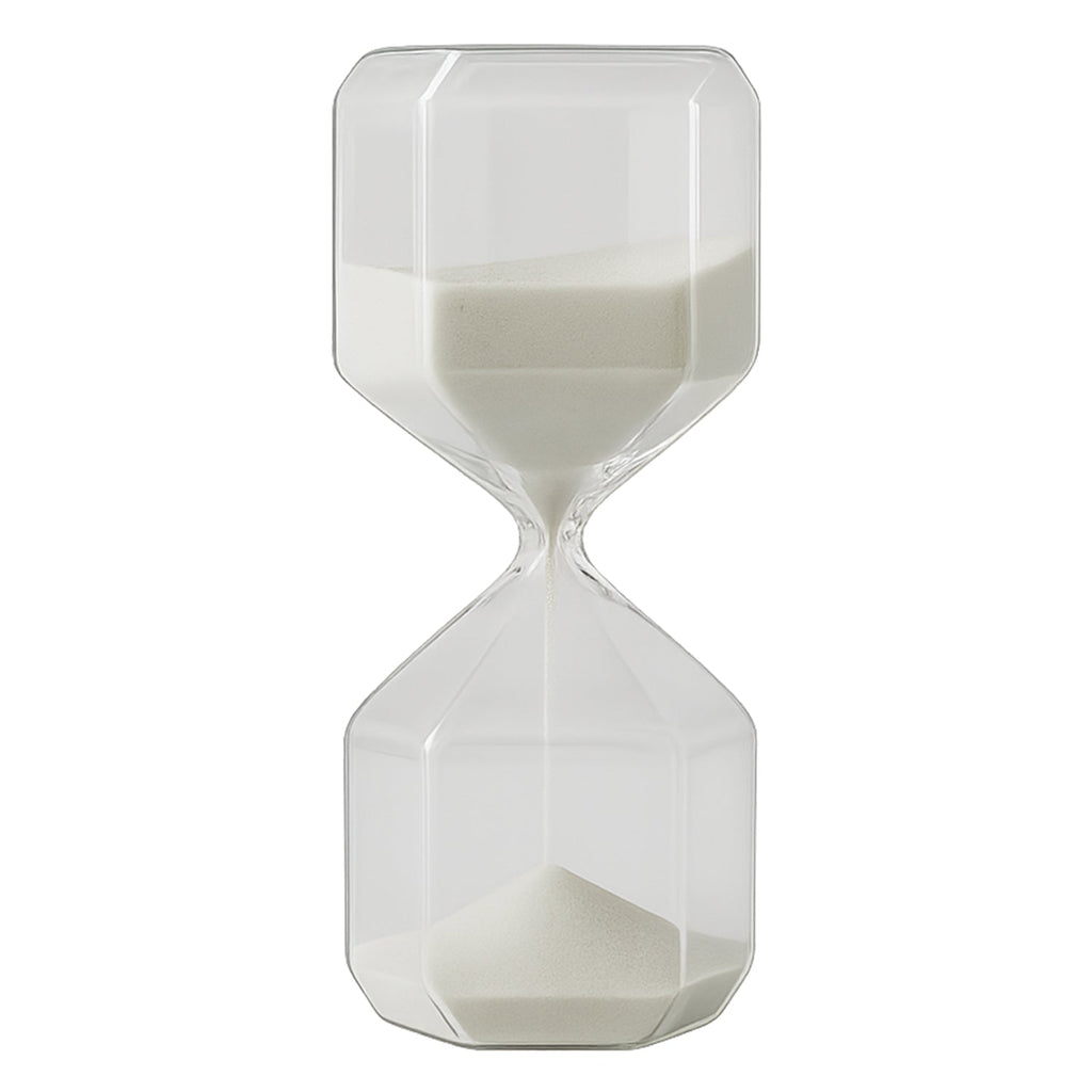 Elegant geometric glass hourglass sand timer ideal for study, yoga, and meditation