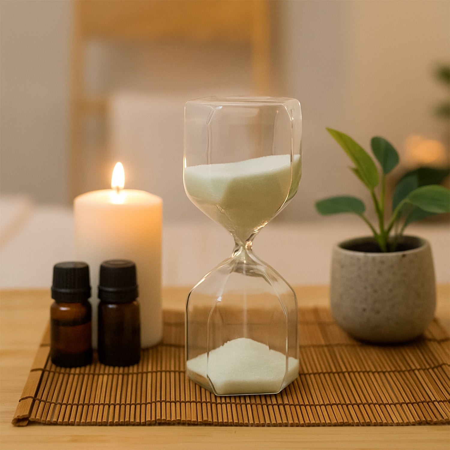 Modern glass hourglass timer with smooth sand flow for mindful time management