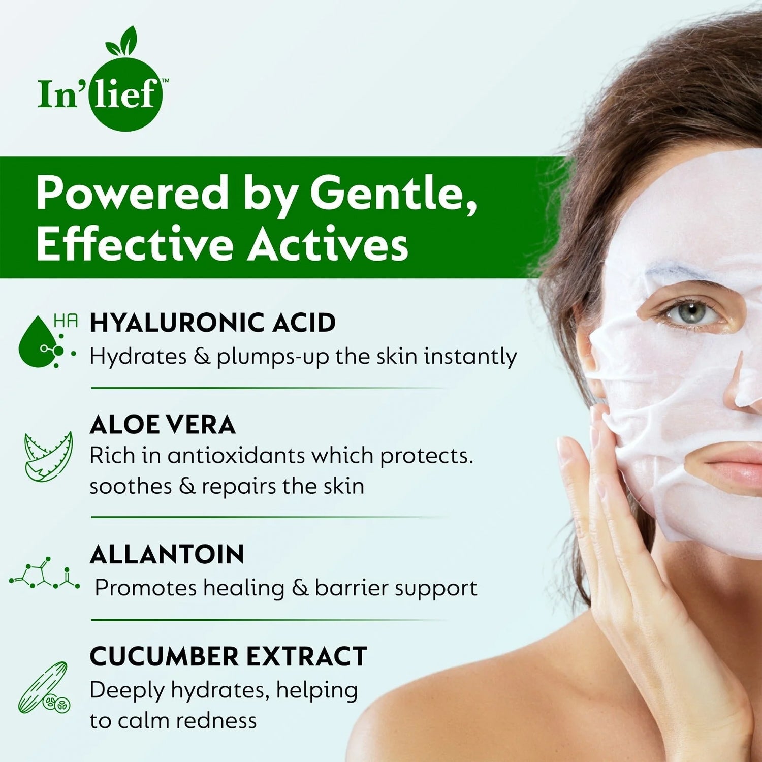 Applying gentle hyaluronic acid hydrating facial mask sheet