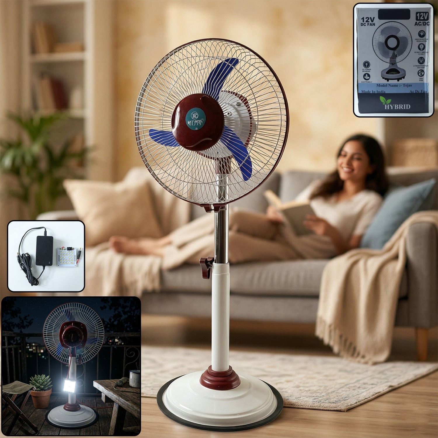 12V rechargeable pedestal fan with LED light for home and office