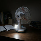 Electric table fan with LED light for emergency and everyday comfort