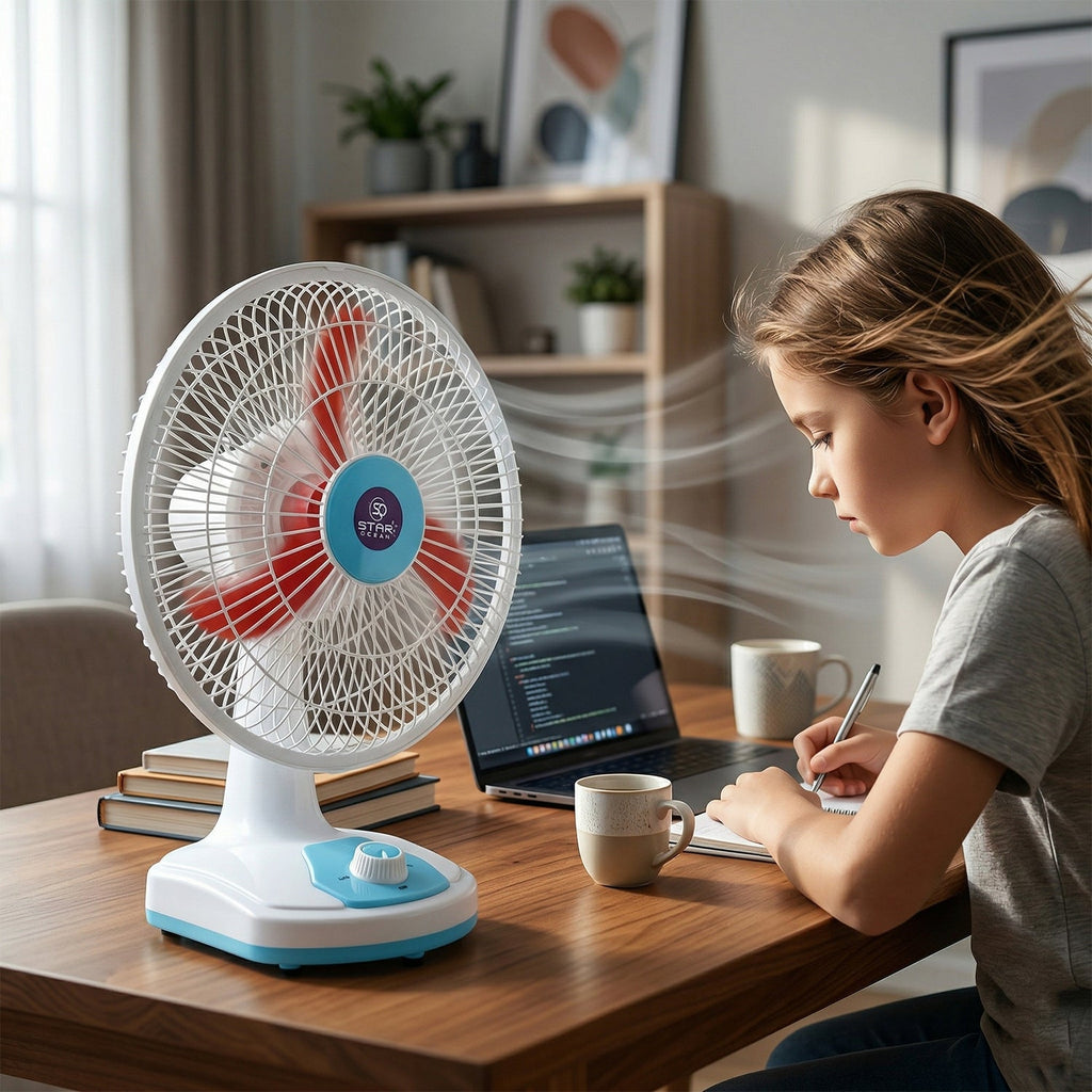 Battery operated table fan ideal for home, office, and outdoor use
